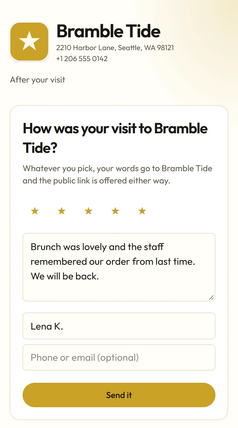 Guest page on a phone: five stars picked and a short note written