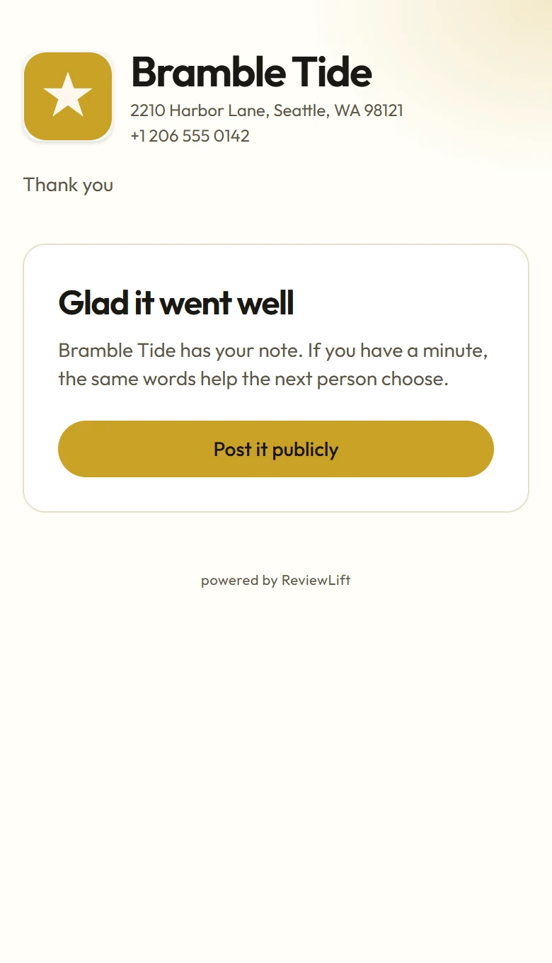Thank-you page on a phone with a button to post the review publicly