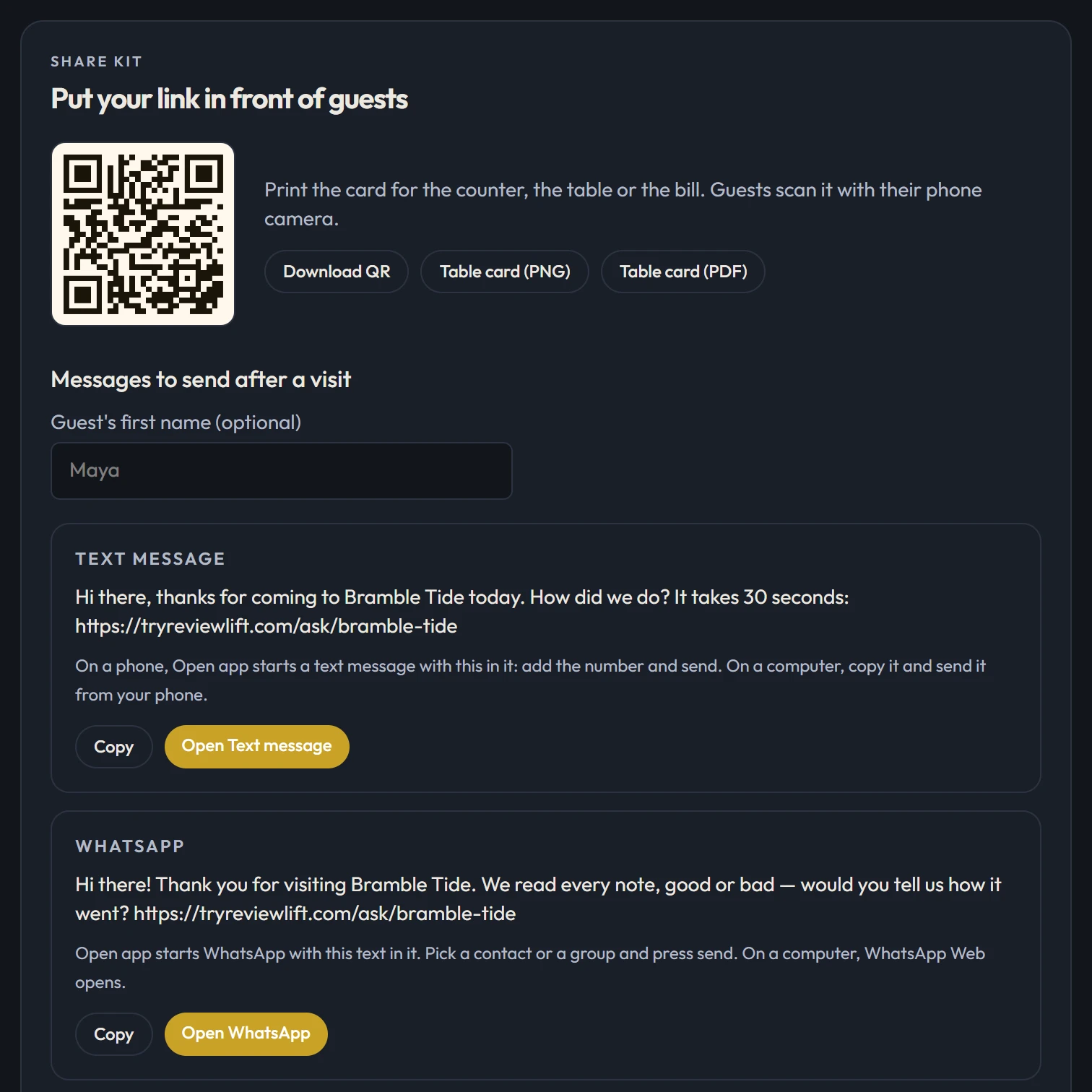 Share kit: a QR code for table cards and ready text and WhatsApp messages with the ask link